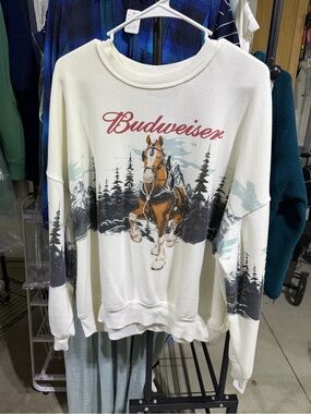 Hybrid Apparel White Sweatshirt with Red Script and Blue Graphic